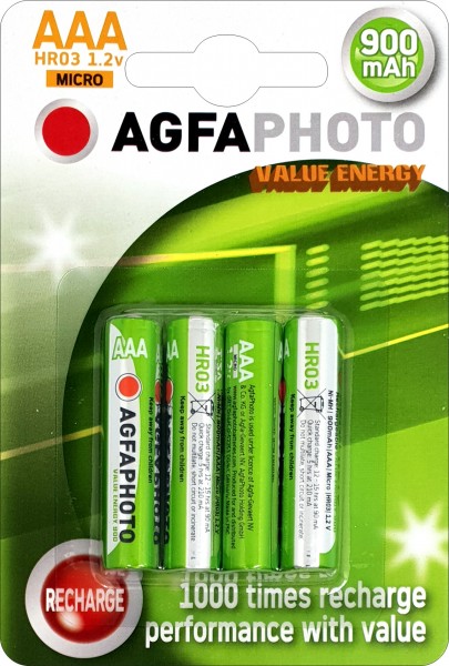 Agfaphoto Akku NiMH, Micro, AAA, HR03, 1.2V/900mAh Value Energy, Retail Blister (4-Pack)