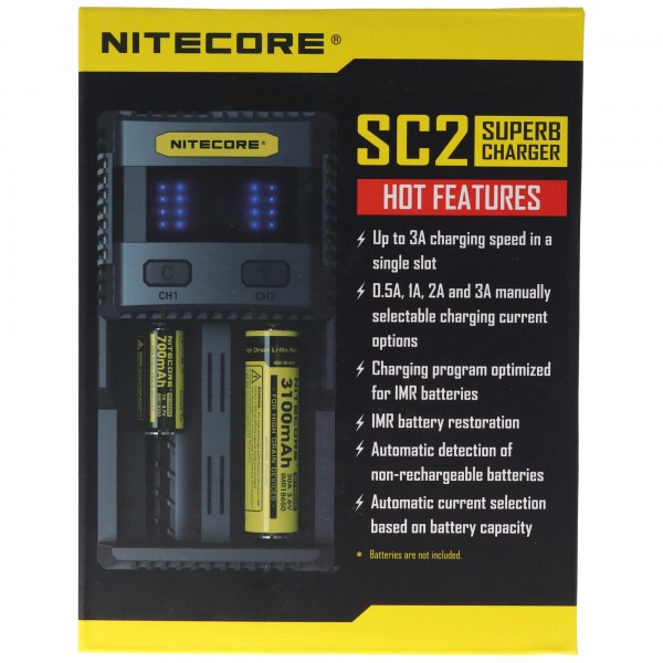 Nitecore SC2 Schnell-Ladegerät 2fach mit max. 3A Ladestrom, lädt Akkus bis max. Länge 71mm