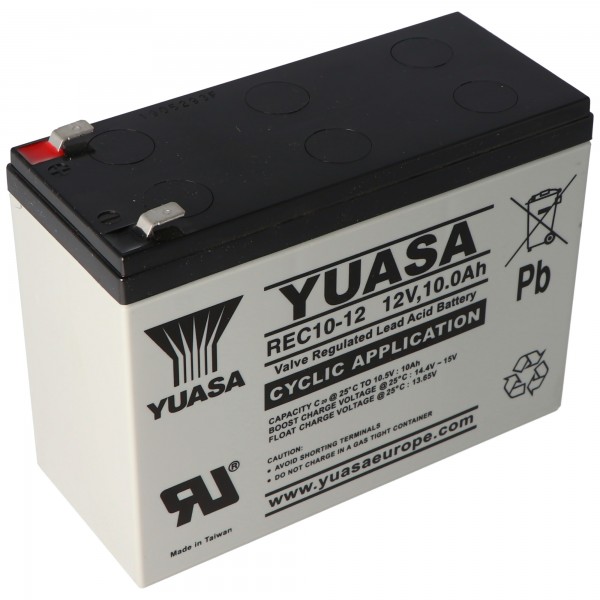 Yuasa Blei-Akku REC10-12 mit 12 Volt und 10Ah, 6,3mm Faston Steckkontakte