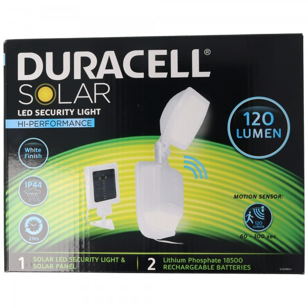 Duracell LED Solar Sicherheitsleuchte mit 120 Lumen, inklusive Lithium Akku, mit externem Solarpanel
