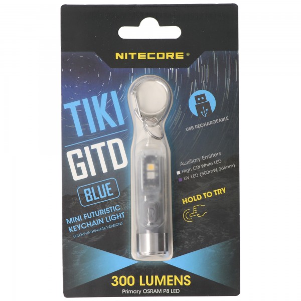 Nitecore TIKI GITD, Glow in the dark, mit UV LED, Schlüsselbundleuchte, wiederaufladbare Schlüsselanhängerlampe, blau