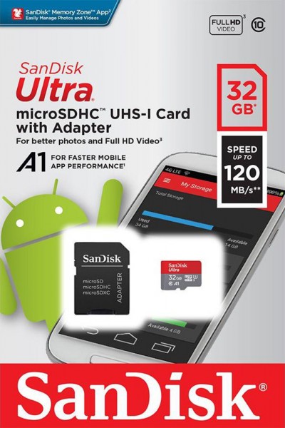 Sandisk microSDHC Card 32GB, Ultra, Class 10, U1, A1 (R) 120MB/s, SD Adapter, Retail-Blister
