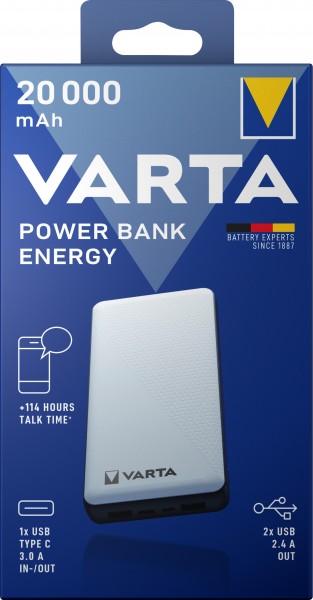 Varta Akku Powerbank, 5V/20.000mAh, Energy, weiss 2xUSB-A/Micro-B/-C
