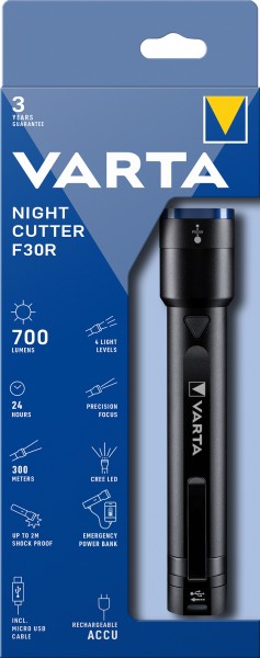 Varta LED Taschenlampe Night Cutter F30R 700lm, inkl. 1x Micro USB Kabel,  Retail Blister | LED-Taschenlampen | LEDs,Taschenlampen, Lichttechnik |  Akkushop-Austria