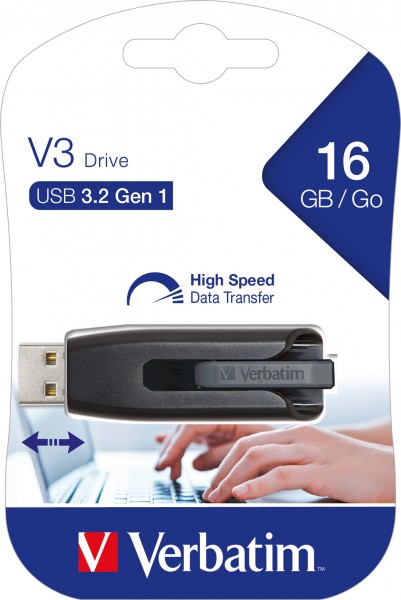 Verbatim USB 3.2 Stick 16GB, V3 Drive, grau Typ-A, (R) 60MB/s, (W) 12MB/s, Retail-Blister