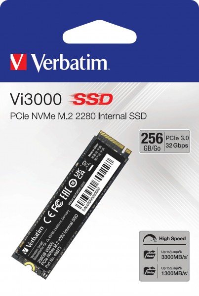 Verbatim SSD 256GB, PCIe 3.0, M.2 2280, NVMe, Vi3000 (R) 3300MB/s, (W) 1300MB/s, Retail