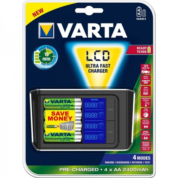 Varta LCD Ultra Schnell Ladegerät für bis zu 4 AA/AAA inklusive 4x AA 2400mAh und Box