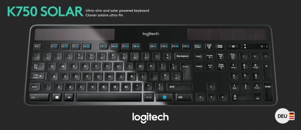 Logitech Tastatur K750, Wireless, Unifying, schwarz Solar, DE, Retail