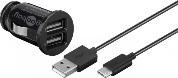 USB Type-C Auto-Ladeset (12W/2.4A) Kfz-Ladeadapter und USB Type-C Kabel 1.0m (schwarz)