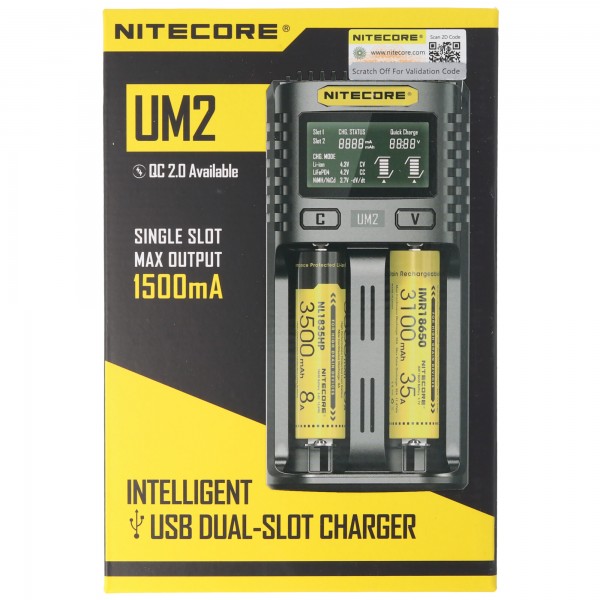 Nitecore UM2 USB-Ladegerät QC 2.0 kompatibel für Li-Ion Akkus, lädt bis zu 78mm lange Akkus