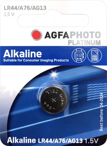 Agfaphoto Batterie Alkaline, Knopfzelle, LR44, V13GA, 1.5V Power, Retail Blister (1-Pack)