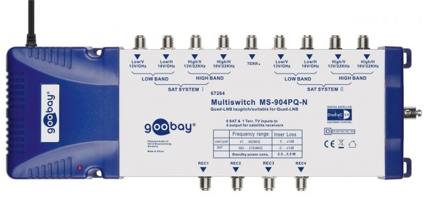 Goobay SAT-Multischalter 9 Eingänge/4 Ausgänge - Verteiler für max. 4 Teilnehmer von zwei Satelliten