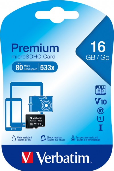 Verbatim microSDHC Card 16GB, Premium, Class 10, U1 (R) 80MB/s, (W) 10MB/s, Retail-Blister