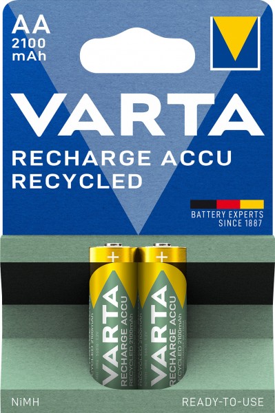 Varta Akku NiMH, Mignon, AA, HR06, 1.2V/2100mAh Accu Recycled, Pre-charged, Retail Blister (2-Pack)
