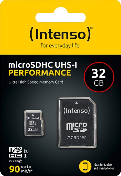 Intenso microSDHC Card 32GB, Performance, Class 10, U1 (R) 90MB/s, (W) 10MB/s, SD-Adapter, Retail-Blister