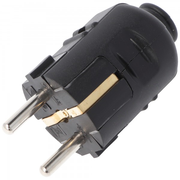 Schukostecker schwarz, Schutzkontaktstecker schwarz, Schuko-Stecker mit Zugentlastung IP44 16A 250V, mit doppeltem Schutzkontakt