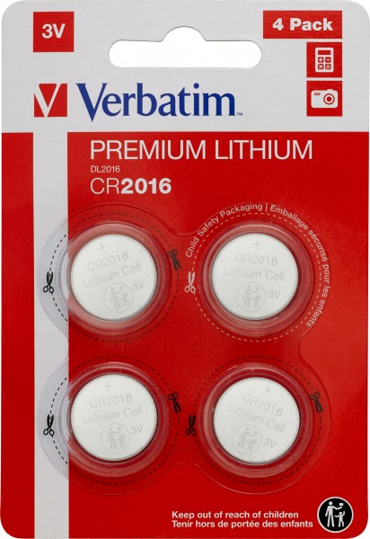 Verbatim Batterie Lithium, Knopfzelle, CR2016, 3V Retail Blister (4-Pack)