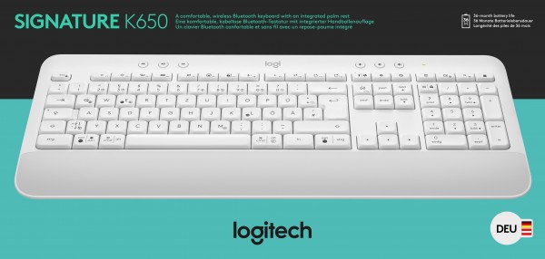 Logitech Tastatur K650, Wireless, Bolt, Bluetooth, weiss Signature, DE, Retail