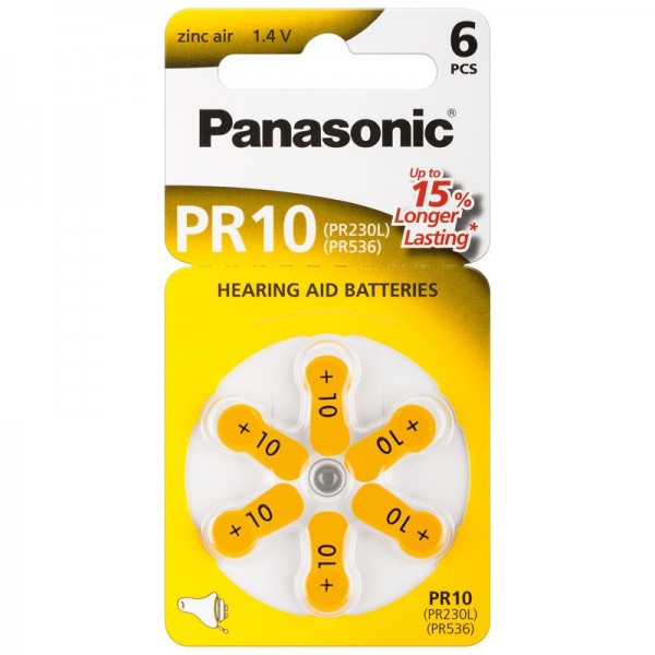 Panasonic PR10 Hörgerätebatterien PR-10/6LB, Hörgerätezellen Zink Air 6er Rad