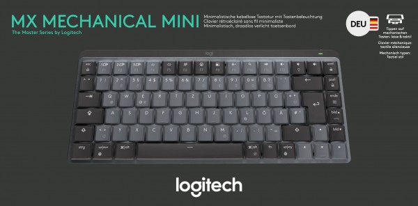 Logitech Tastatur MX Mechanical Mini, Wireless, Bolt, Bluetooth Illuminated, Leise, Taktil, Akku, DE, grafit, Retail