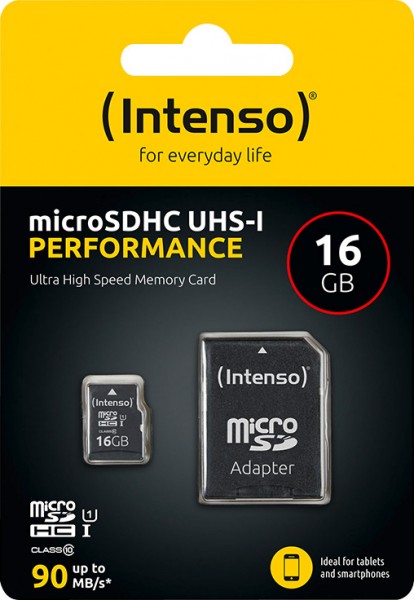 Intenso microSDHC Card 16GB, Performance, Class 10, U1 (R) 90MB/s, (W) 10MB/s, SD-Adapter, Retail-Blister
