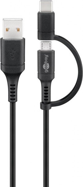 Lade- und Synchronisationskabel Kombikabel, Kabel mit Micro-B und USB-C Stecker, 2in1 Ladekabel, 1m, schwarz