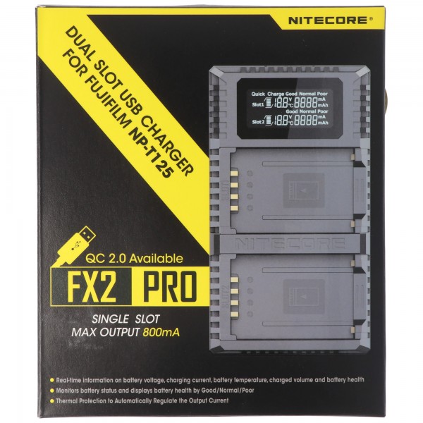 Nitecore FX2 PRO USB Ladegerät, Ladegerät für Fujifilm NP-T125 Akku, passend für Fuji GFX 50S, GFX 50R Kameras
