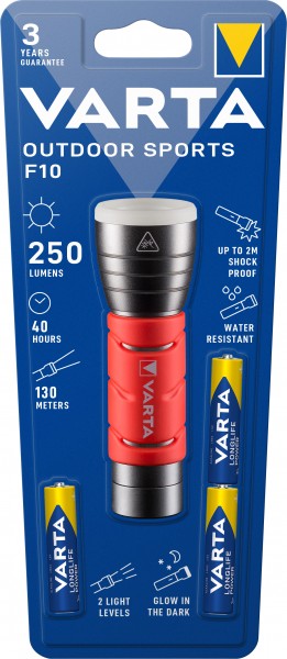 Varta LED Taschenlampe Outdoor Sports, F10 250lm, inkl. 3x Batterie Alkaline AAA, Retail Blister